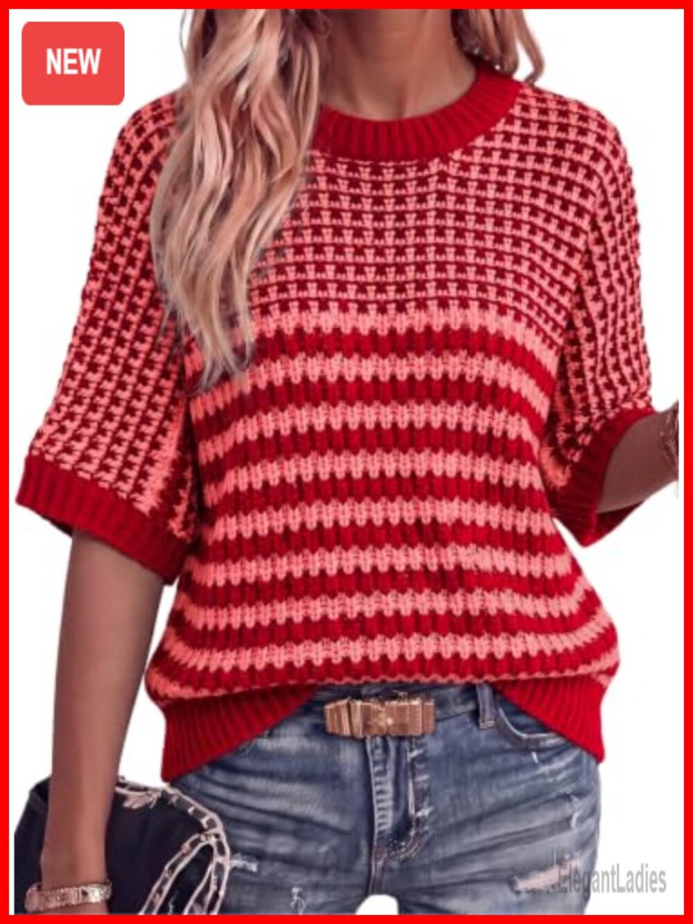 Womens 3/4 Sleeve Striped Knit Sweater Top Crewneck Oversized Pullover